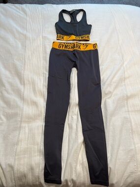 Gymshark Charcoal Leggings with Yellow Logo Waistband and Matching Bra
